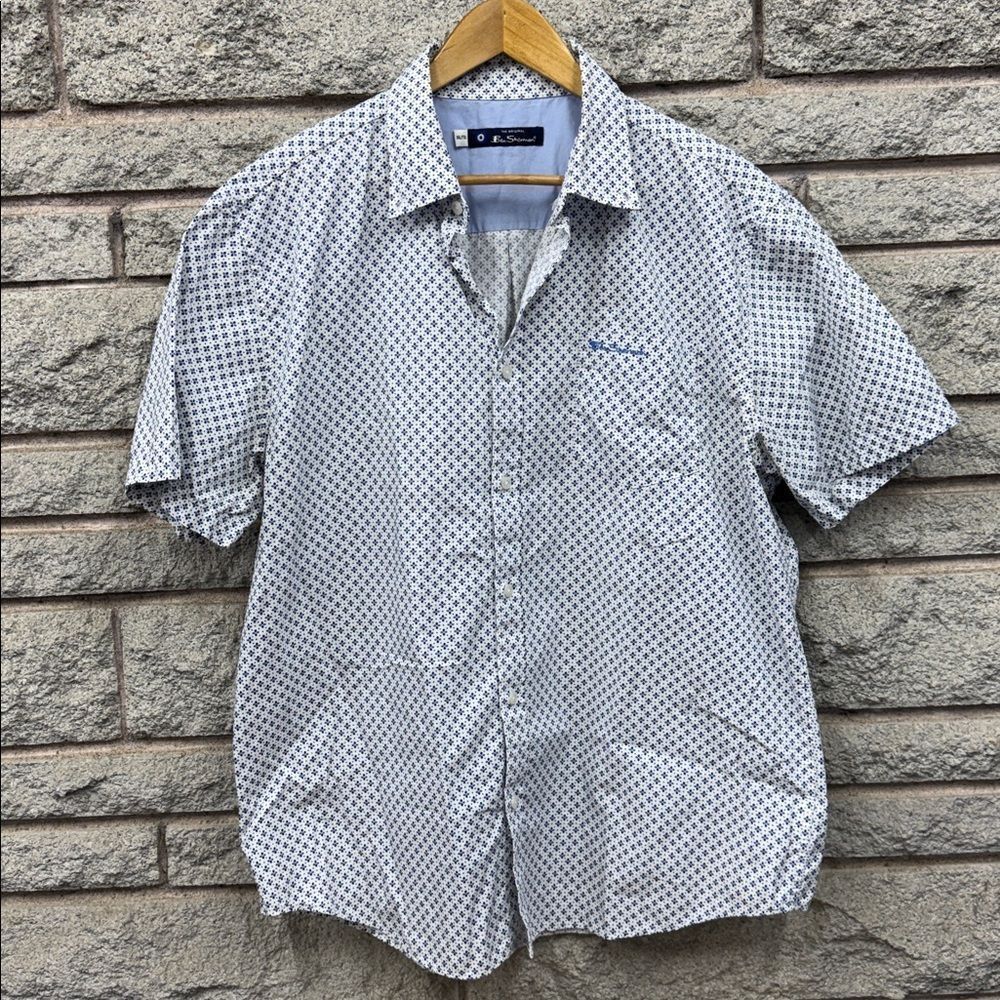 Ben Sherman Men's White and Blue Patterned Shirt Sz XXL